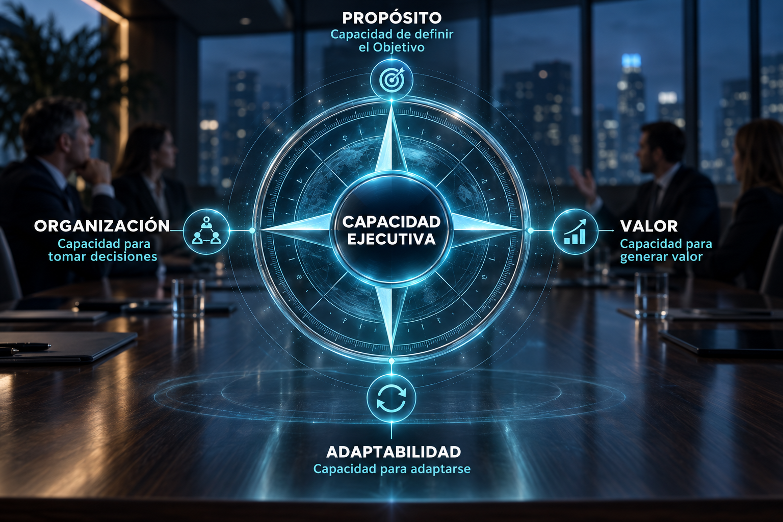 Brújula de Capacidad Ejecutiva con cuatro ejes: propósito, organización, valor y adaptabilidad