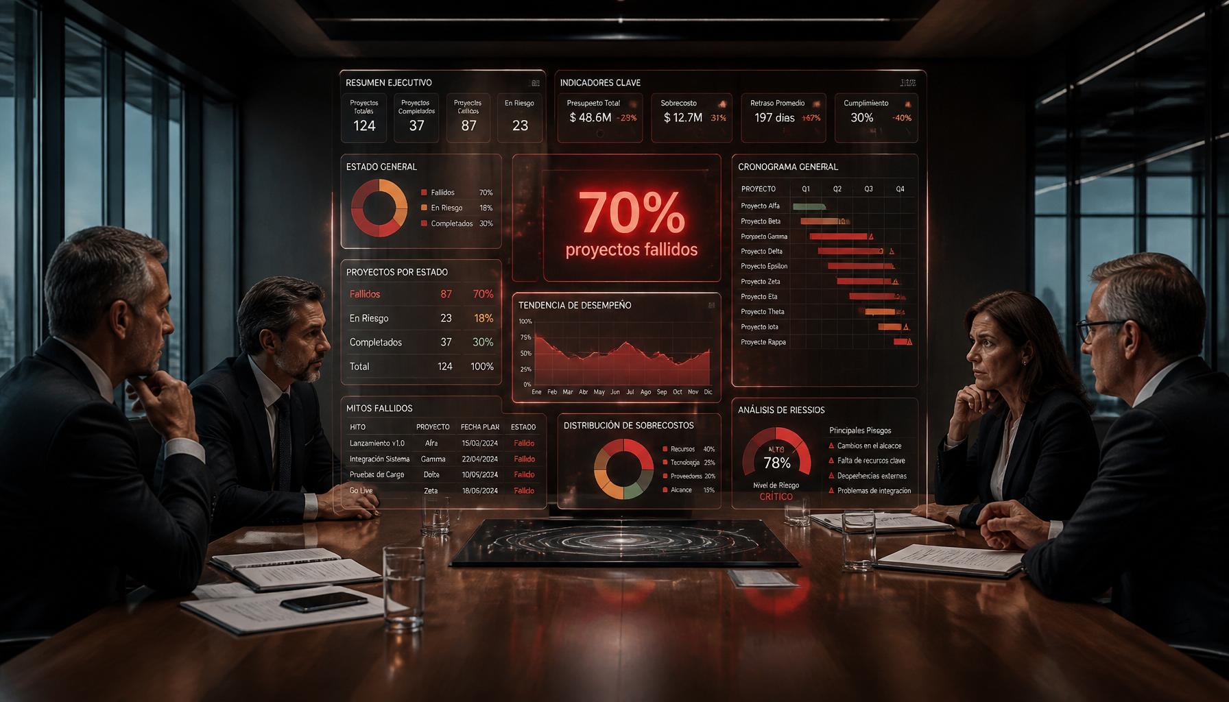 Comité de dirección ante un dashboard con un 70% de proyectos fallidos