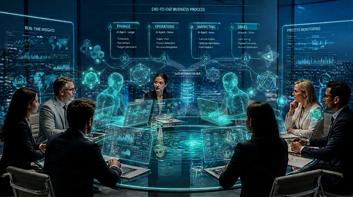 Equipo directivo colaborando con agentes digitales de IA por departamento