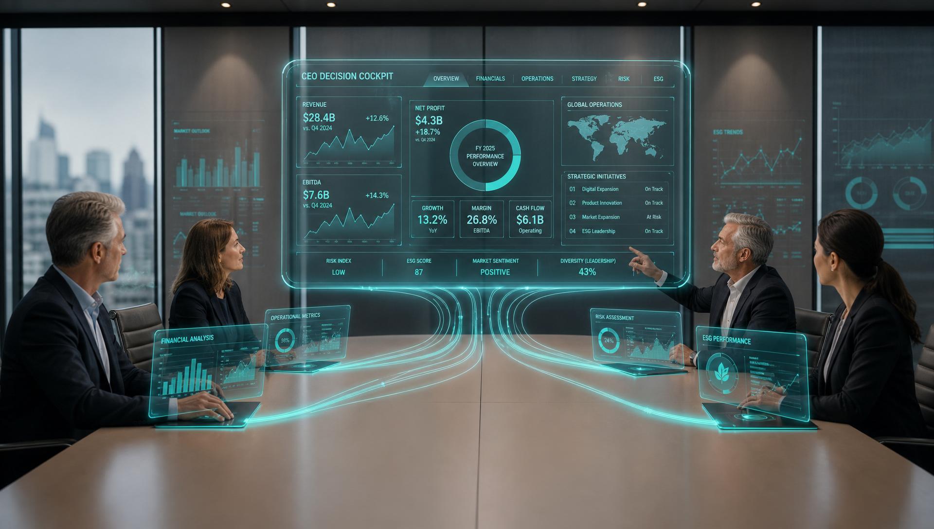 Equipo directivo conectado a un dashboard de negocio