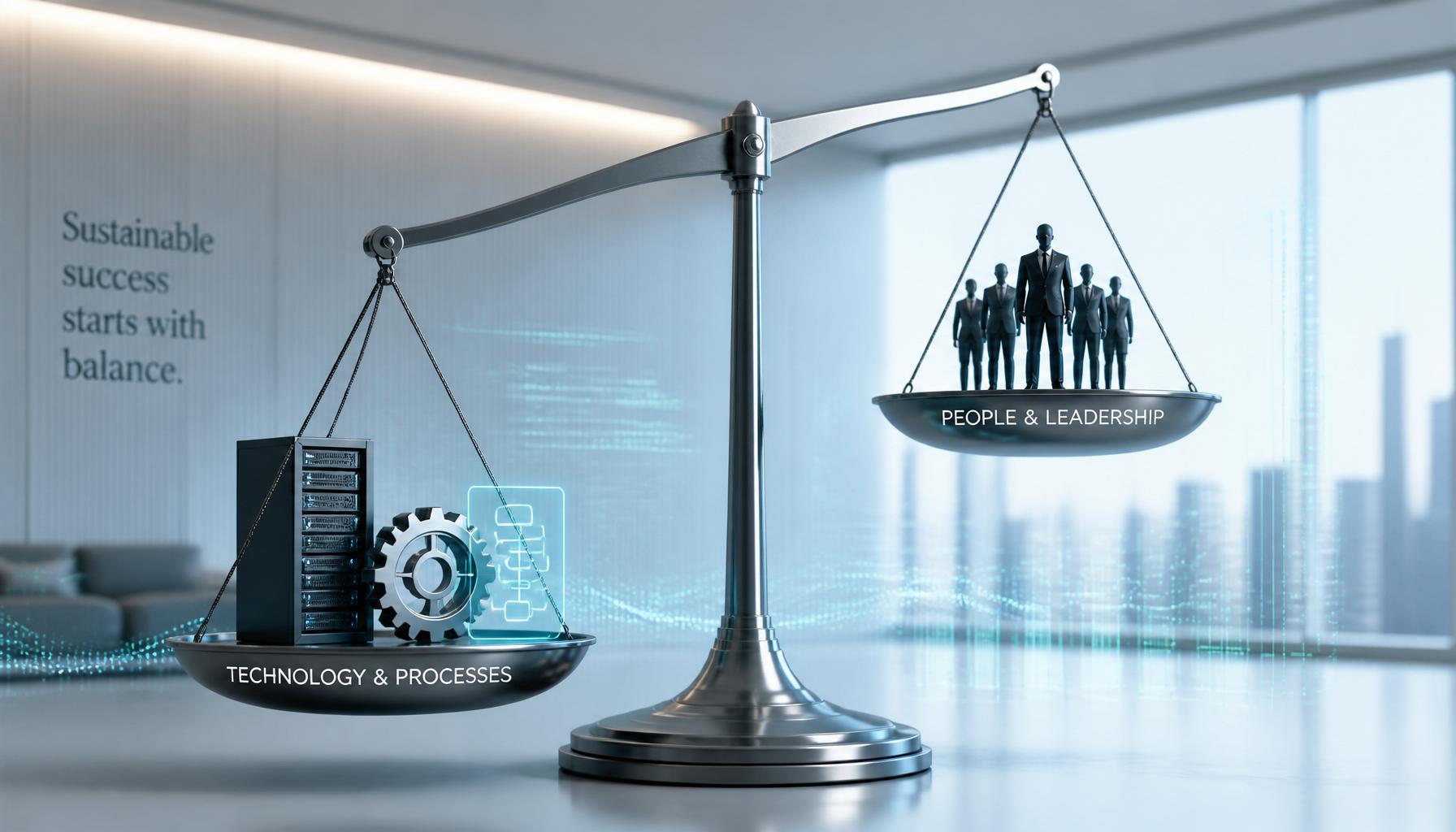 Balanza desequilibrada entre tecnología y procesos frente a personas y liderazgo